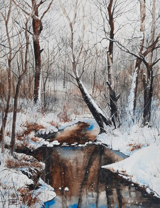 "Snow on the Thorpe Creek Dam" <br /> Watercolor, 16x12