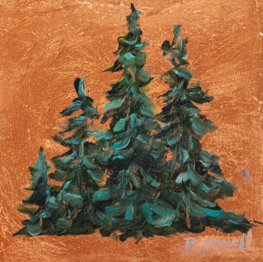 "Copper Pines II" <br /> Oil & Copper Leaf, 5x5